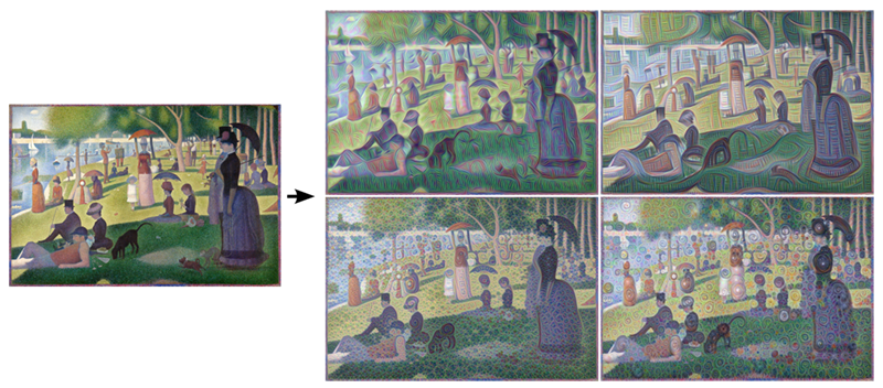Bên trái là bức tranh của họa sĩ Georges Seurat và bên phải là những hình ảnh do AI xử lý ra